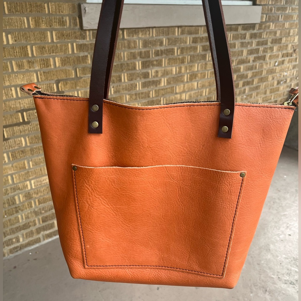 Portland Leather Tote with Zipper - Rust with Dark Brown Handles